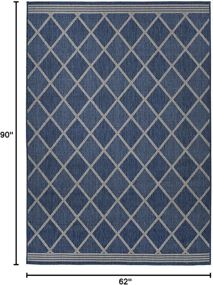 FH Home Flat Woven Outdoor Rug - Waterproof, Easy to Clean, Stain Resistant - Premium Polypropylene Yarn - Moroccan Geometric Lattice - Patio, Porch, Deck, Balcony - Tunis - Blue - 5ft 4in x 7ft 6in