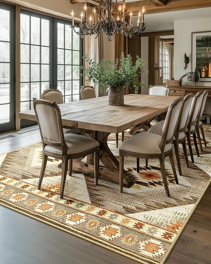 Area Rug 10x12 Rug Machine Washable Non-Slip Low Pile Print Pattern Western Rug for Living Room Bedroom Entryway Tribal Series-Cream/Camel