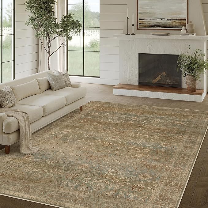 Vintage Area Rug 9x12 Washable Brown Living Room Carpet Large Indoor Non Slip Bedroom Low Pile Kitchen Distressed Retro Accent Throw Rug for Dining Room