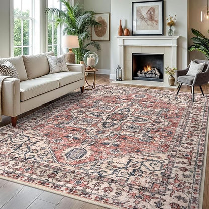 KOZYFLY Area Rug 8x10 Ft Thin Rugs for Living Room Washable Bedroom Rug Non Slip Rugs for Living Room Printed Faux Wool Vintage Bedroom Rug Floor Carpet for Dining Room, Terracotta/Beige