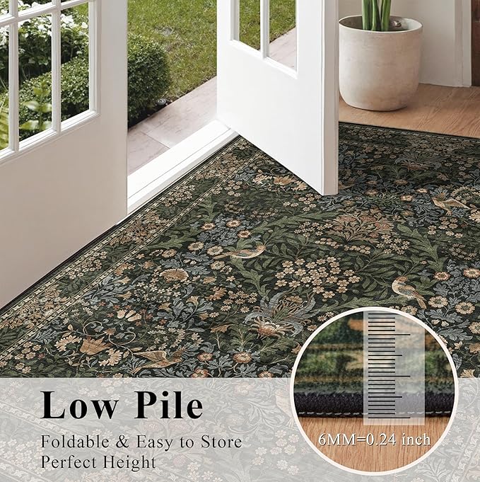 3x5 Floral Washable Area Rug for Living Room, Vintage Boho Rugs for Bedroom Dining Room, Botanical Birds Non Slip Low Pile Forest Throw Carpet for Farmhouse Office, Retro Gold/Green