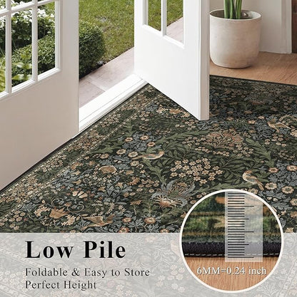 2.6x8 Floral Washable Area Rug Soft Runner Rugs for Kitchen, Vintage Boho Hallway Rug for Bedroom Dining Room, Botanical Birds Non Slip Low Pile Throw Carpet, Retro Gold/Green
