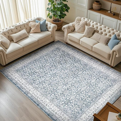 jinchan Floral 8x10 Area Rugs for Living Room - Machine Washable Vintage Distressed Boho Design Throw Rug Stain Resistant Carpet Low-Pile Thin Non-Slip for Bedroom Dining Room Nursery (8‘x10', Grey)