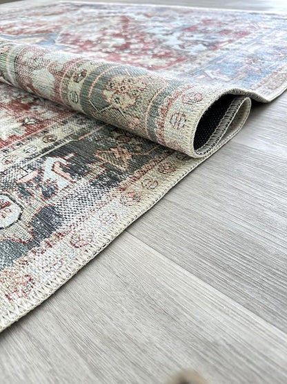 Fame Living Faded Oushak Rug, Turkish Vintage Floral Pastel Large Oversized Area Rugs for Living Room Dining Bedroom Kitchen Bathroom Nursery (848CrNv, 2' x 3')