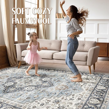 9x12 Area Rug Living Room: Washable Boho Large Neutral Vintage Soft Rugs Stain Resistant Farmhouse Non-Slip Indoor Floor Carpet for Bedroom Nursery Kids Playroom Office Dining Room House- Blue Tan