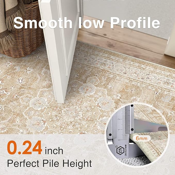HUGEAR Machine Washable Hallway Runner Rugs 2x6 Vintage Beige Brown Neutral Style Non Slip Stain Resistant Low Pile Throw Carpet for Bedroom Kitchen Retro Aesthetic Modern Decor