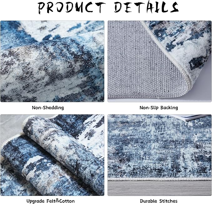 Rugcomf Runner Rug 2'6''x8' Hallway Washable Boho Soft Area Rug Abstract Pattern Non-Slip Faux Wool Vintage for Kitchen, Entryway, Laundry, Bedroom, Blue