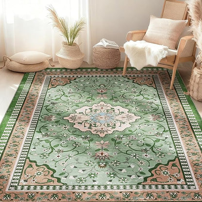 Luxury 5' x 7' Green Washable Area Rugs, Boho Low Pile Easy Clean Non-Slip Rug, Floral Medallion Pattern Vintage Rugs for Living Room, Dinning Room, Office, Bedroom, Bathroom, Laundry Room, Farmhouse