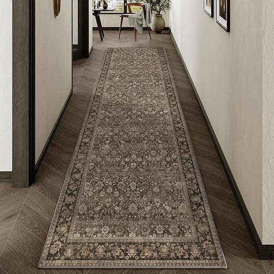 HUGEAR 3x8 Runner Rug Machine Washable Brown Hallway Area Rug Indoor Accent Rugs Floral Low Pile Carpet Soft Throw Rugs Bedroom Living Room Office Dining Kitchen Laundry Non Slip