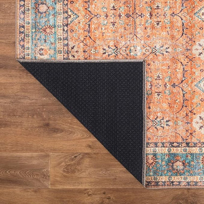 Bloom Rugs Washable Non-Slip 12 ft Runner - Orange/Teal Blue Traditional Bordered Runner for Entryway, Hallway, Bathroom, and Kitchen - Exact Size: 2.5' x 12'