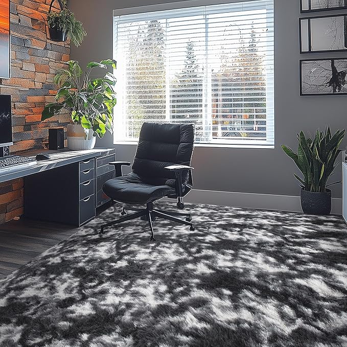 Andency 6x9 Area Rugs, Large Shag Fluffy Soft Shaggy Rugs for Living Room Bedroom, Non-Slip Tie-Dyed White Black Thick Plush Carpet for Kids Girls and Boys, Dorm Nursery Home Decor Aesthetic