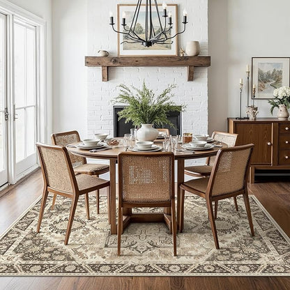 5x7 Area Rug Machine Washable Boho Rug for Living Room,Ultra-Thin Low Pile Carpet,Lightweight Indoor Printed Rug,Non Slip Floral Area Rug for Bedroom, Dining Room, Home Office,Brown
