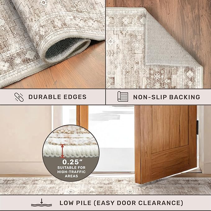 Washable Neutral Farmhouse Living Room Rug, 6x9 Area Rugs for Bedroom, Dining Room Under Table Carpet, Kids Room, Large Boho Vintage Non-Slip Floral Rugs Low Pile Stain Resistant (6x9 Beige/Latte)