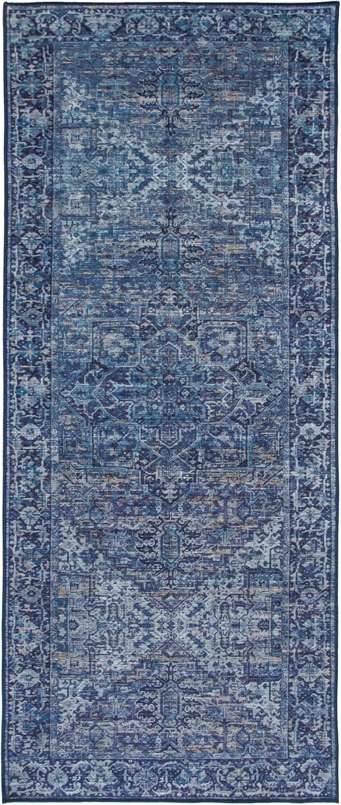 ReaLife Rugs Machine Washable Area Rug Runner - Living Room Bedroom Bathroom Kitchen Entryway Office - Padded Low Pile Stain Resistant Premium - Boho Vintage Traditional - Lyle - Blue 2'6" x 6'