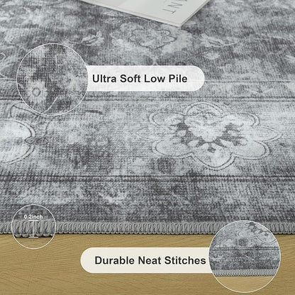 5x7 Washable Area Rug for Living Room, Non Slip Vintage Floral Rugs for Bedroom, Retro Indoor Floor Carpet for Kitchen, Dining Room, Farmhouse, Classroom (Distressed Grey)