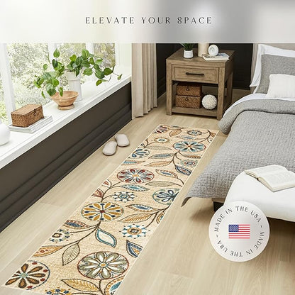 Maples Rugs Reggie Floral Runner Rug - Made in USA - Washable, Non Slip Indoor Carpet for Kitchen, Hallway, and Laundry Room, 2' x 10', Beige