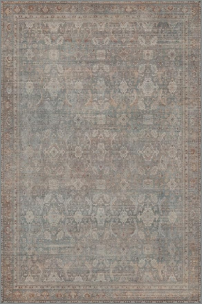6x9 Area Rug Machine Washable Boho Rug for Living Room,Ultra-Thin Low Pile Carpet,Lightweight Indoor Printed Rug,Non Slip Floral Area Rug for Bedroom, Dining Room, Home Office,Grayish Blue