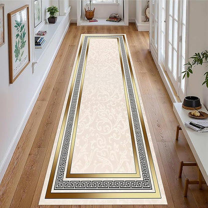 Classic Bohemian Hallway Rugs, 2x10ft, Western Retro Greek Key Beige Fade Resistant Hall Rug, Washable Kitchen Low-Pile Floor Carpet Runners for Bathroom Laundry
