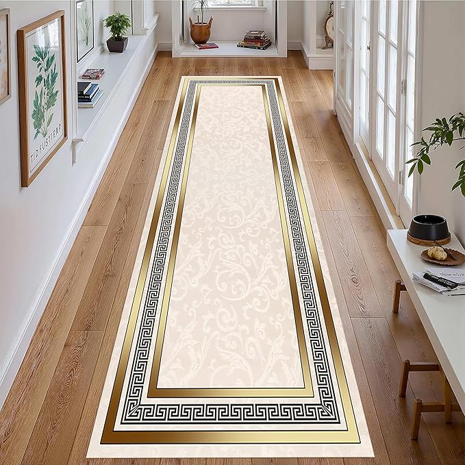 Classic Bohemian Hallway Rugs, 2x6ft, Western Retro Greek Key Beige Fade Resistant Hall Rug, Washable Kitchen Low-Pile Floor Carpet Runners for Bathroom Laundry