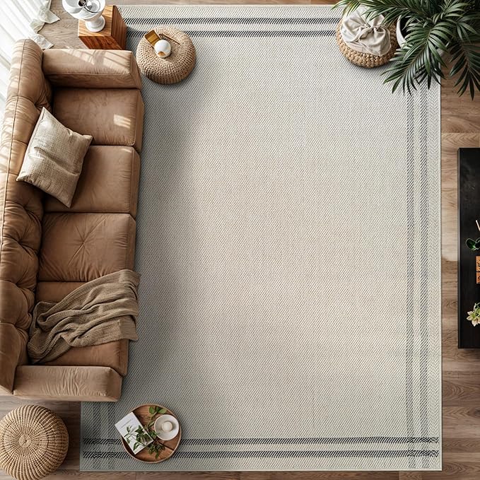 Easy Jute Rugs 9x12 Bordered Bone Color Living Room Indoor Outdoor Area Rug for Patio and Kitchen Rug High Traffic Washable Easy to Clean Solid Boho Woven Design Outside Carpet (9 x 12)
