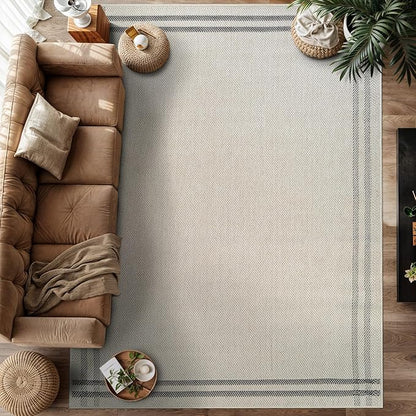 Easy Jute Rugs 10x14 Bordered Bone Color Living Room Indoor Outdoor Area Rug for Patio and Kitchen Rug High Traffic Washable Easy to Clean Solid Boho Woven Design Outside Carpet (10 x 14)
