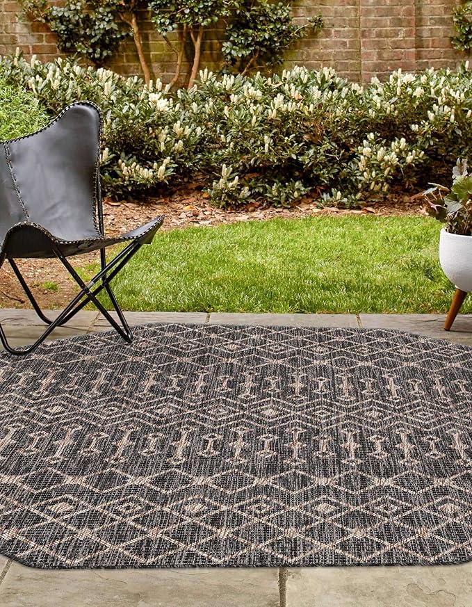 Unique Loom Outdoor Trellis Collection Area Rug - Tribal Trellis (7' 10" Octagon, Charcoal Gray/ Natural)