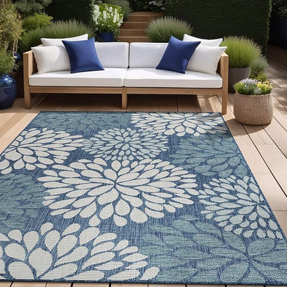 Beverly Rug Outdoor Rug 10x14 Modern Exotic Tropical Leaf Area Rugs for Indoor and Outdoor Patio Deck Porch Garden Water Resistant Washable Outside Carpet (10 x 14 Blue)