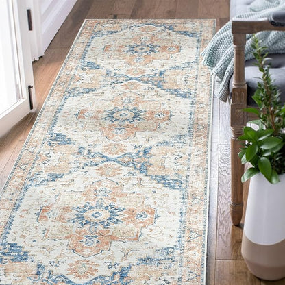 jinchan Kelda Runner Rug 2x5 Hallway Rug Washable Runner Vintage Mat Retro Print Lightweight Non-Slip Accent Floor Cover Distressed Thin Carpet for Entryway Bathroom Bedroom Laundry Room Orange