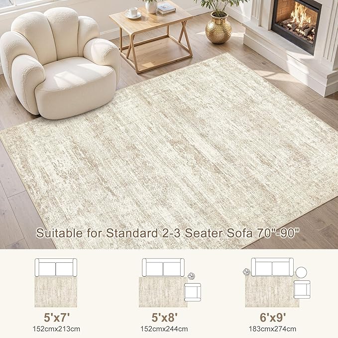 6x9 Area Rug Living Room Rugs - Washable Neutral Modern Abstract Soft Thin Rug Indoor Floor No Slip Rug Carpet for Bedroom Under Dining Table Home Office Decor - Beige/Brown
