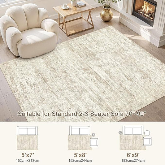 6x9 Area Rug Living Room Rugs - Washable Neutral Modern Abstract Soft Thin Rug Indoor Floor No Slip Rug Carpet for Bedroom Under Dining Table Home Office Decor - Beige/Brown