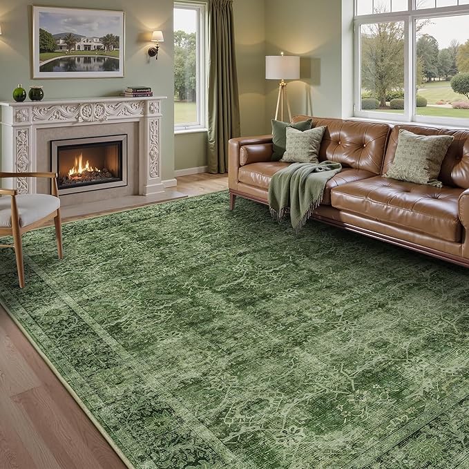 9x12 Washable Area Rug Green Vintage Rug for Living Room Bedroom Low Pile Soft Non-Slip Boho Rug for Under Table Boho Distressed Retro Carpet for Bedroom Kitchen Office Dining