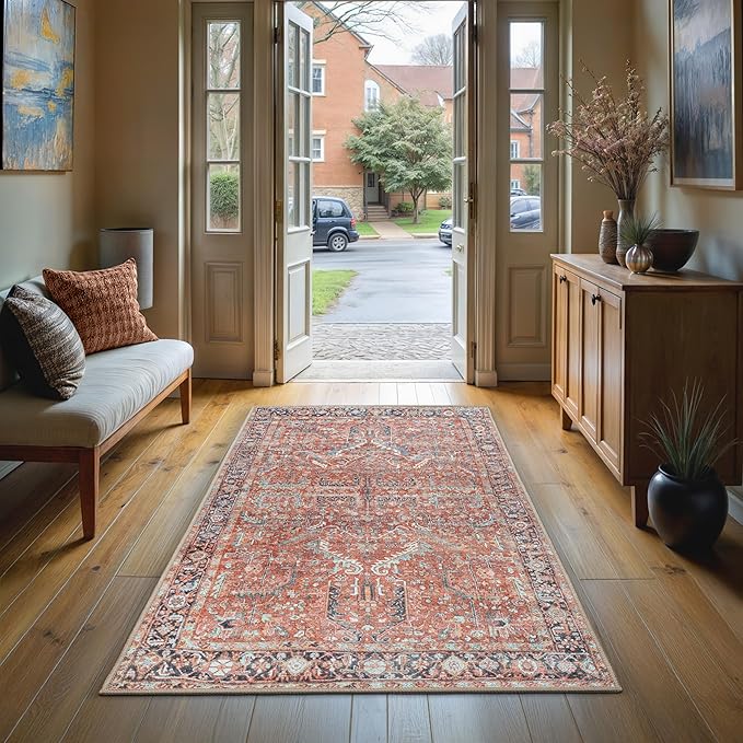 GLN Rugs Traditional Collection - Machine Washable Area Rug, Traditional Washable, Non Slip, Low Pile Chenille Rug, Living Room, Bedroom, Kitchen Rug (2'6" x 7' Terra/Multicolor 1168)