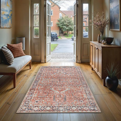 GLN Rugs Traditional Collection - Machine Washable Area Rug, Traditional Washable, Non Slip, Low Pile Chenille Rug, Living Room, Bedroom, Kitchen Rug (2'6" x 7' Terra/Multicolor 1168)