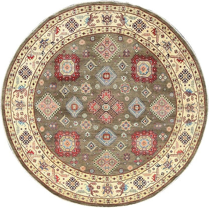 Taupe Brown Special Kazak with All Over Pattern Natural Dyes Organic Wool Hand Knotted Round Oriental Rug (9'x9')