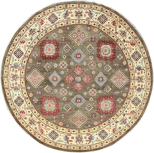 Taupe Brown Special Kazak with All Over Pattern Natural Dyes Organic Wool Hand Knotted Round Oriental Rug (9'x9')