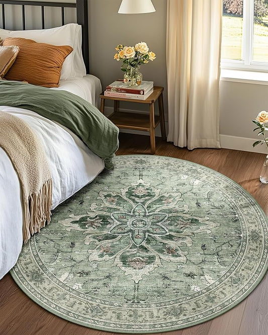 Area Rugs 4ft Washable Non-Slip, Floral Vintage Distress Print Pattern Medallion Carpet for Living Room Bedroom Dining Room, Dark Green Gray