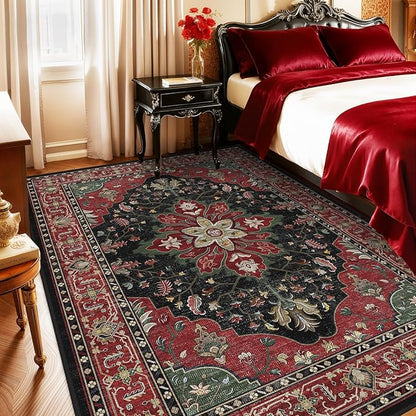 Area Rugs 9'x12' Washable Non-Slip, Floral Vintage Distress Print Pattern Medallion Carpet for Living Room Bedroom Dining Room, Red Black