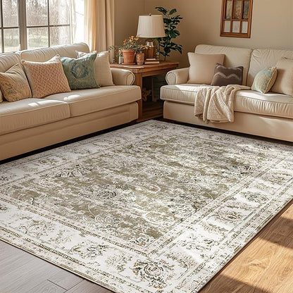 jinchan Fiora Vintage Floral 5x7 Area Rugs for Bedroom - Machine Washable Distressed Design Stain Resistant Boho Carpet Ultra-Thin Low Pile Non-Slip Rug for Living Room Dining Room (5'x7', Taupe)