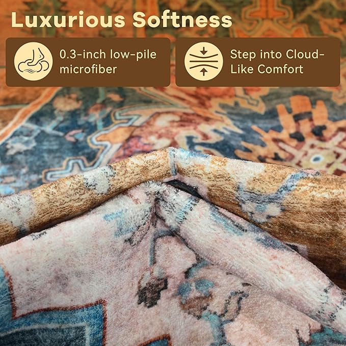 YJ.GWL Area Rugs for Living Room 6x9 Machine Washable Rugs, Non Slip Floral Vintage Rug Indoor Carpet, Stain Resistant Large Rug for Bedroom Dining Room, Brown Blue