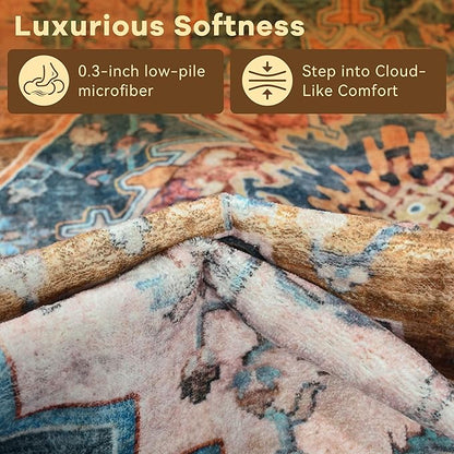 YJ.GWL Area Rugs for Living Room 4x6 Machine Washable Rugs for Bedroom, Non Slip Floral Vintage Rug Indoor Carpet, Stain Resistant Throw Rug for Dining Room Kitchen, Brown Blue