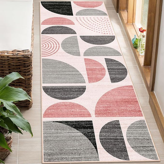 MUJOO Pink Runner Rug Washable,Boho 2x6 Area Rugs for Hallways Kitchen Bathroom Bedroom Entryway,Non Slip Carpet Long Mat Indoor,Soft Modern Abstract Pink and Grey