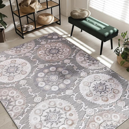 CAMILSON Indoor Outdoor Rug 5x7 Bohemian Medallion Floral Area Rugs for Indoor and Outdoor Patios Easy-Cleaning Non-Shedding Living Room Garden and Kitchen Washable Outside Carpet (5 x 7 / Beige)