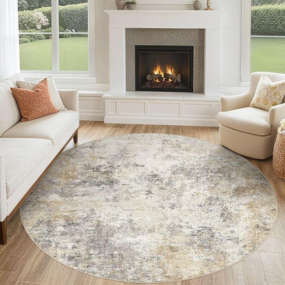 6ft Round Area Rug Living Room Rugs - 6x6 Washable Neutral Modern Abstract Soft Thin Rug Indoor Floor No Slip Rug Carpet for Bedroom Under Dining Table Home Office Decor - Golden Grey