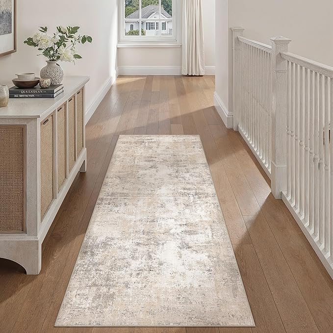 2'6x8 Washable Runner Rug Beige Grey Abstract Hallway Kitchen Throw Rug Neutral Modern Non Slip Soft Low Pile Carpet for Bathroom Laundry Bedroom Living Room