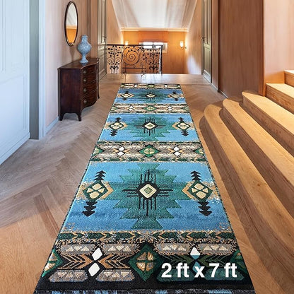 YHSF South West Native American Area Rug C318 - Easy Clean, Thick, Soft, Durable Native Tribal American Indian Inspired Rug for Bedroom/Living Room and More - Blue-Green, 2 Feet x 7 Feet