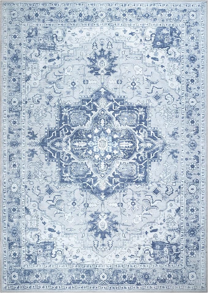 Bloom Rugs Washable Non-Slip 9' x 12' Rug - Gray/Blue Traditional Medallion Area Rug for Living Room, Bedroom, Dining Room, and Kitchen - Exact Size: 9' x 12'