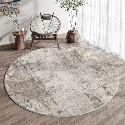 3x3 Washable Round Rug Brown Grey Abstract Entryway Area Rug Neutral Modern Non Slip Soft Low Pile Small Carpet for Bathroom Kitchen Living Room Bedroom