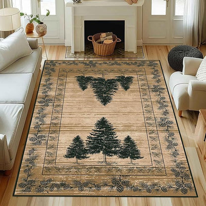 UNREASTO Country Cabin Area Rug 3x4ft Rustic Nature Forest Pine Cone Pine Tree Plant Vintage Home Decor Floor Rug Non-Slip Easy Clean Lodge Rug for Living Room Bedroom Entry Office Hardwood Floor