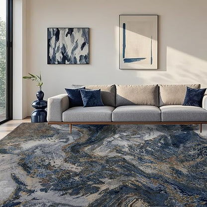 Modern Washable Rug for Living Room: Abstract 9x12 Area Rugs for Bedroom Low Pile Non Slip - Stain Resistant Carpet for Dining Room Indoor - Blue Gold