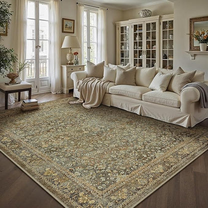 Area Rug 8x10 Brown Living Room Washable Vintage Carpet Non Slip Indoor Retro Traditional Accent Throw Large Rug for Office Bedroom Dining Room Playroom